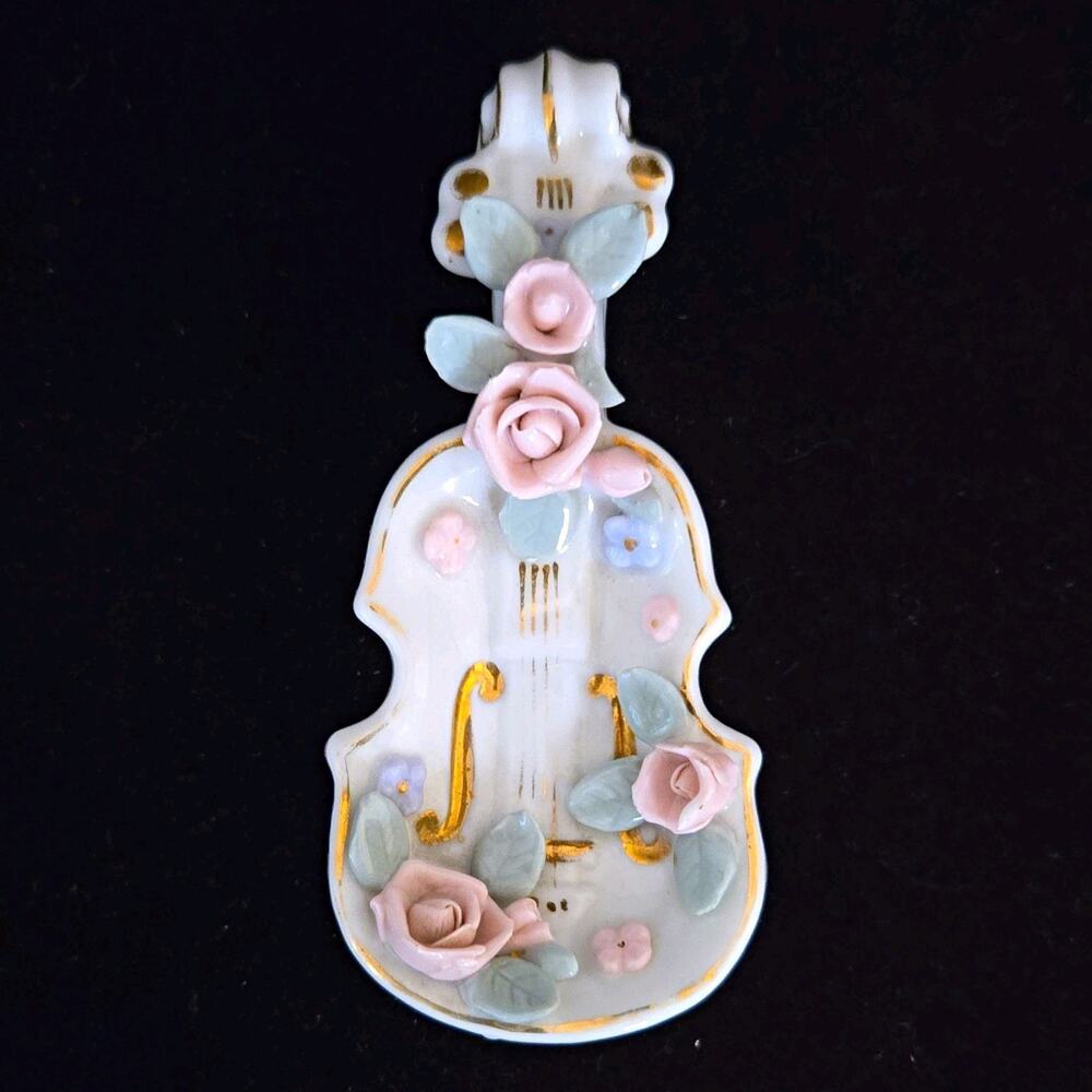 Vtg Lefton China Porcelain Violin Wall Plaque Trinket Dish Pink Roses Japan 5”